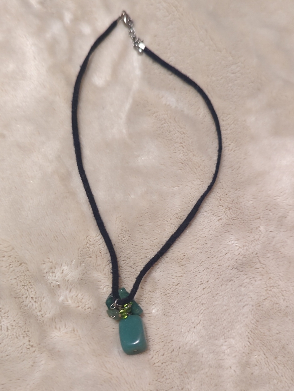 Handmade Black Cord Necklace with Green Stone Pendant -